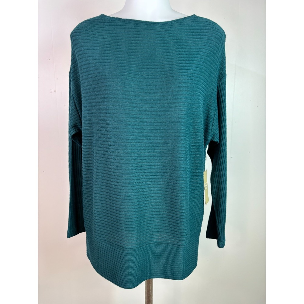 Chico's Knit Top 0 Women's Small Green Ribbed Boat Neck Pullover